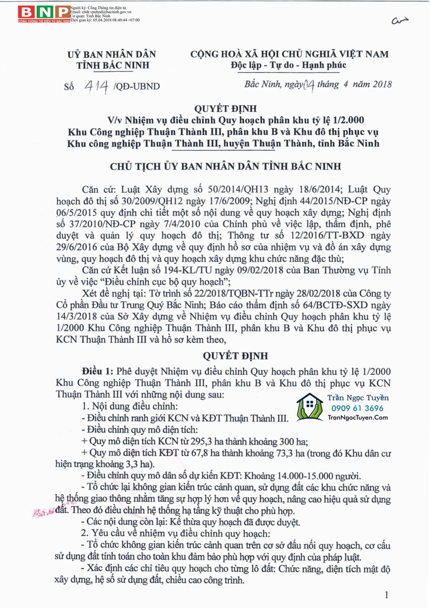Toàn văn Quyết định số 414/QĐ-UBND điều chỉnh KCN Thuận Thành và Khu đô thị Thuận Thành 3
