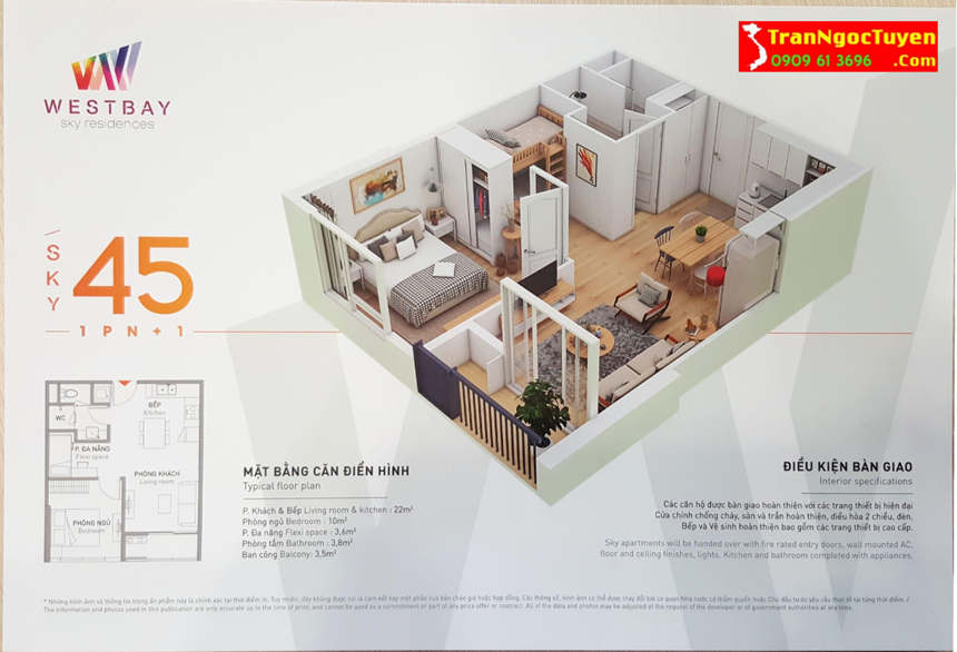 west bay sky residences căn hộ 45m2 1.5 phòng ngủ