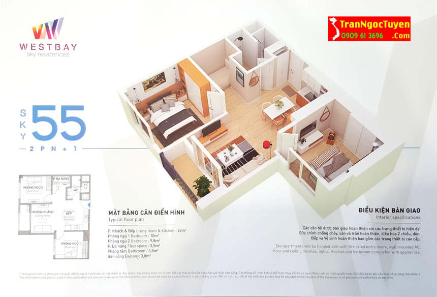 west bay sky residences căn hộ 55m2 - 02 p.ngủ