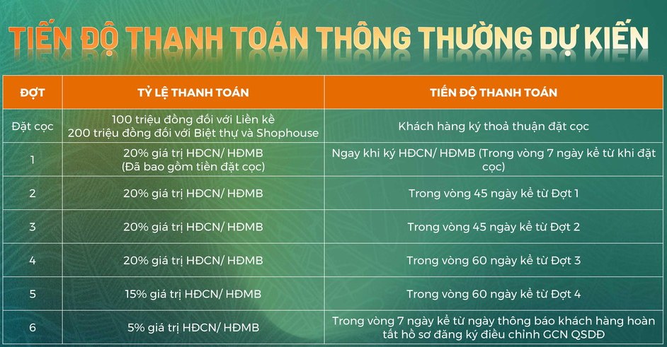 tiến độ thanh toán thông thường trong 210 ngày thanh toán 95%