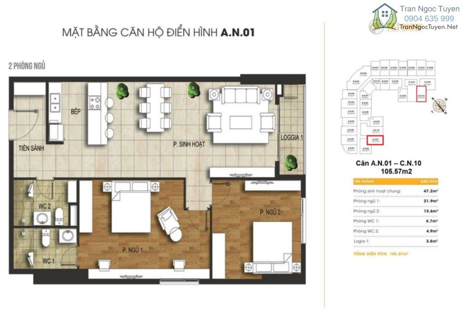 Chung cư 440 Vĩnh Hưng T&T Riverview mặt bằng căn hộ A1 -C10 105.96m2