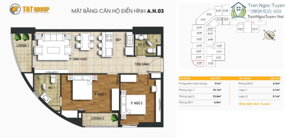 Chung cư 440 Vĩnh Hưng T&T Riverview mặt bằng căn hộ A03 - 76m2