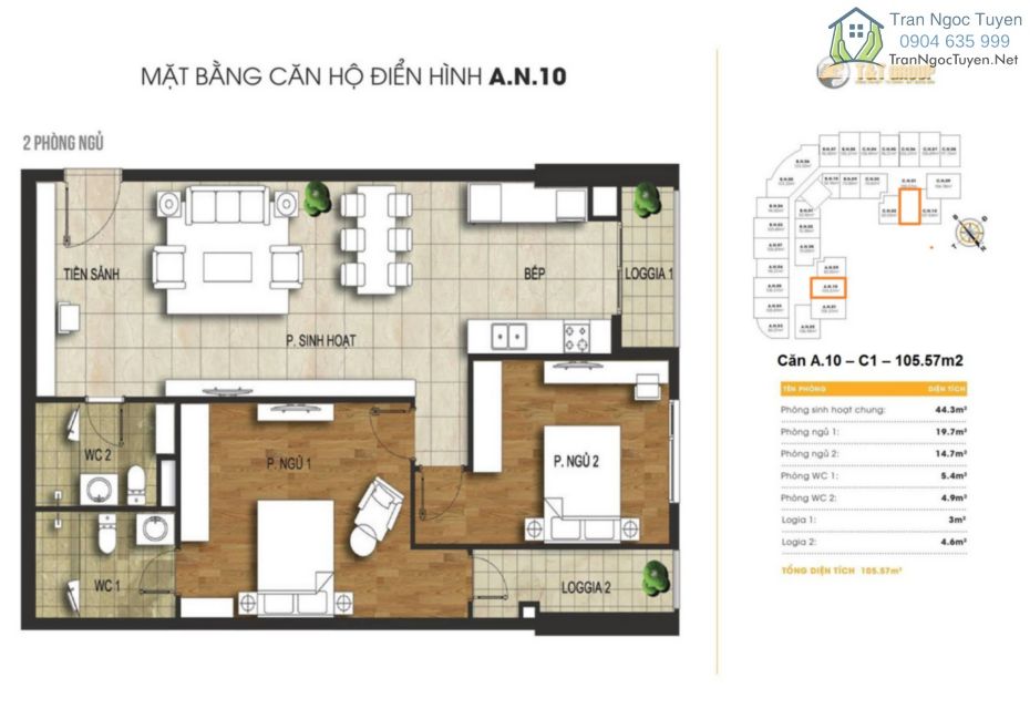 Chung cư 440 Vĩnh Hưng T&T Riverview mặt bằng căn hộ A10 C1 105.57m2