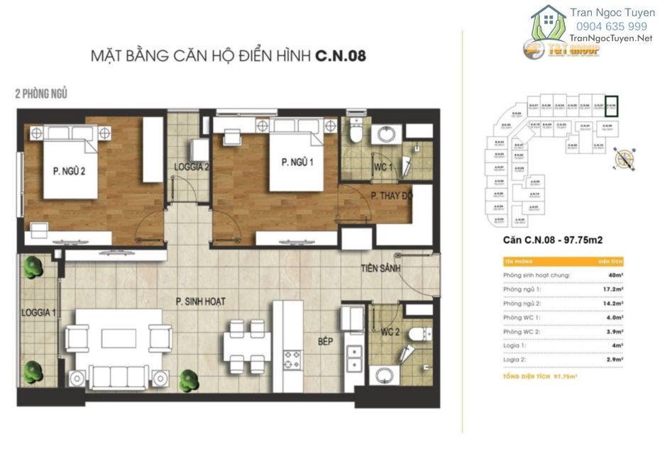 Chung cư 440 Vĩnh Hưng T&T Riverview mặt bằng căn hộ C08 - 97.75m2