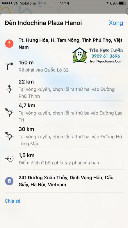 Đường đi đến khu nhà ở Hưng Hóa, Tam Nông tính từ tòa INDOCHINA Xuân Thủy