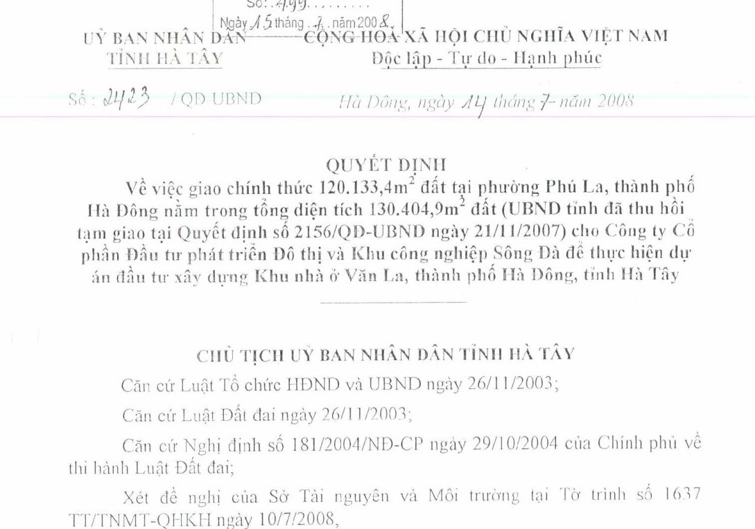 Quyết dịnh bàn giao đất dự án The Vista Văn La