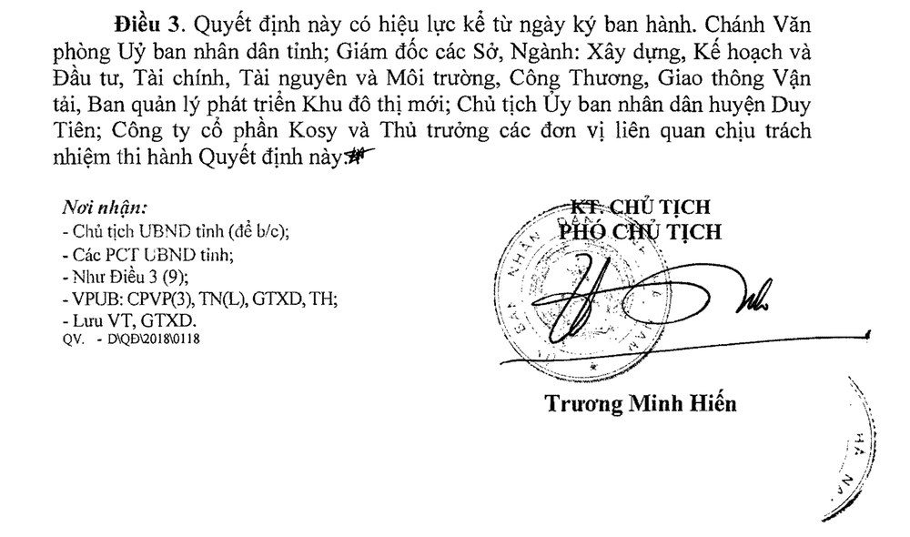 Quyết định phê duyệt dự án Kosy Hà Nam