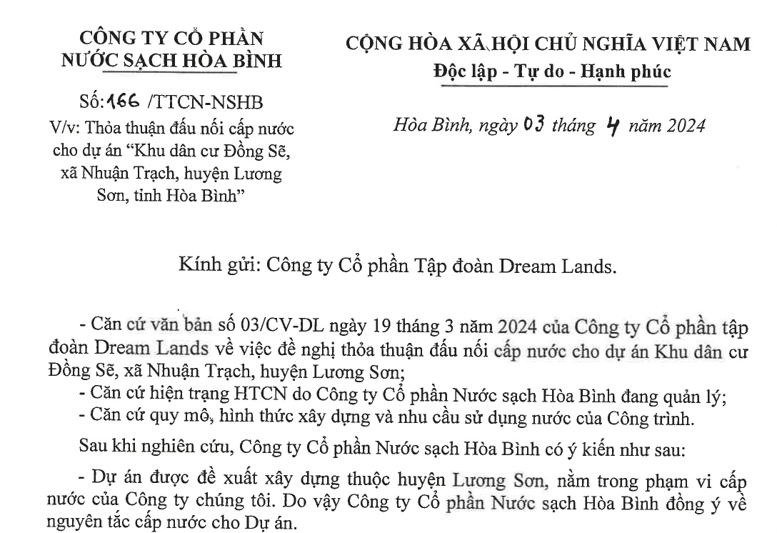 Văn bản đấu nối nước sạch vào dự án Dream Town Hòa Bình