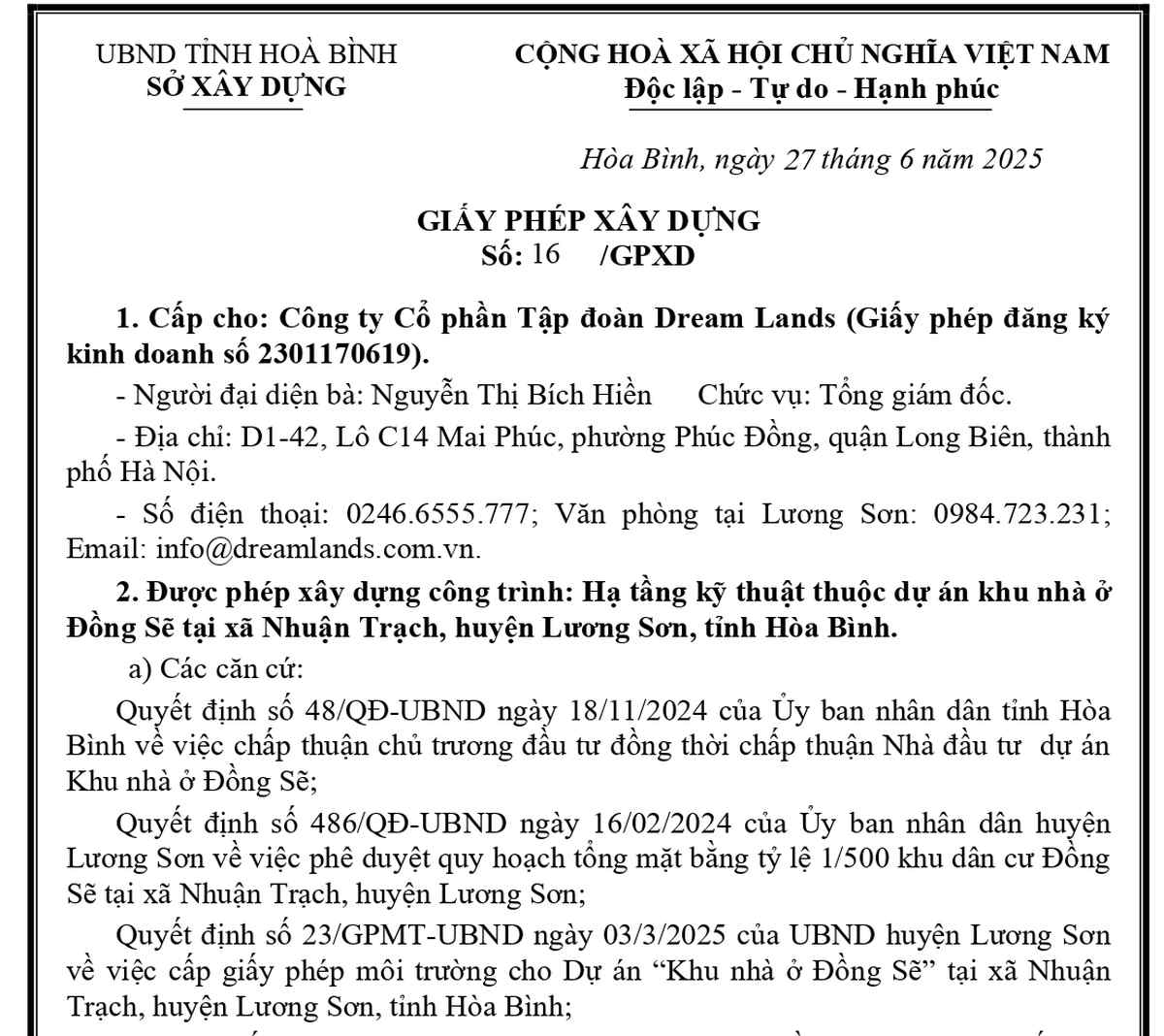 Dự án Dream Town Hòa Bình - Giấy phép xây dựng