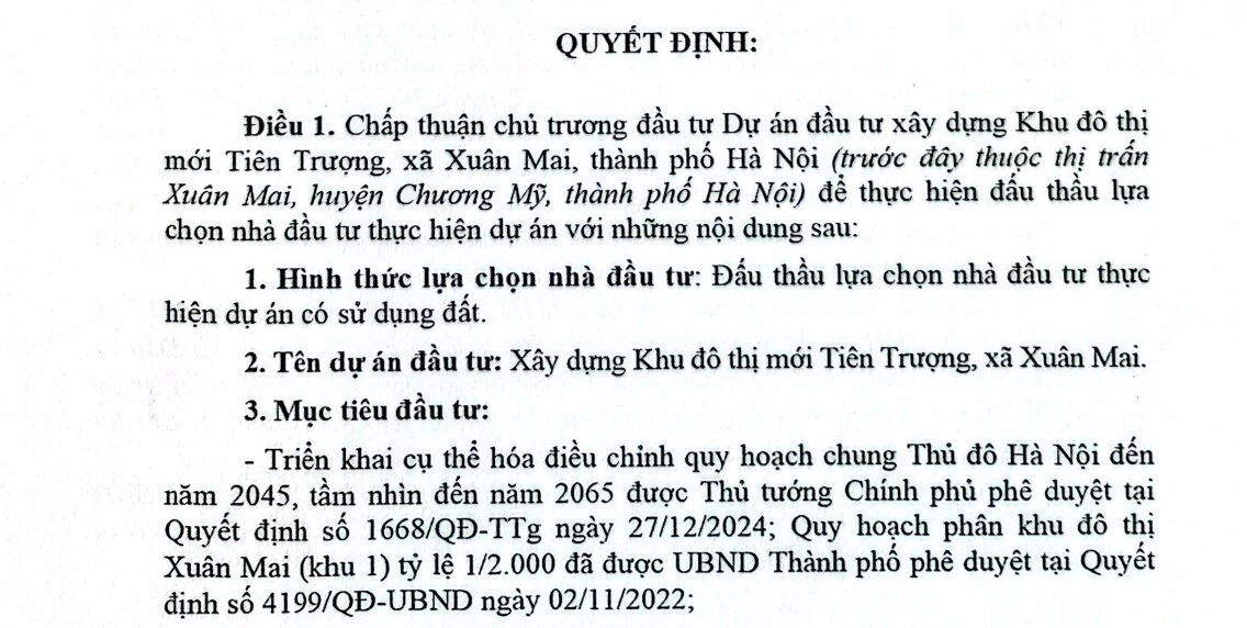 Quyết định chấp thuận chủ trương đầu tư dự án khu đô thị mới Tiên Trượng